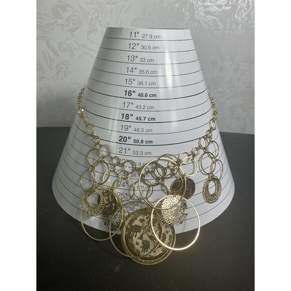 Gold Tone Circular Dangle Necklace With Intricate Design & Adjustable Clasp - Picture 2 of 5